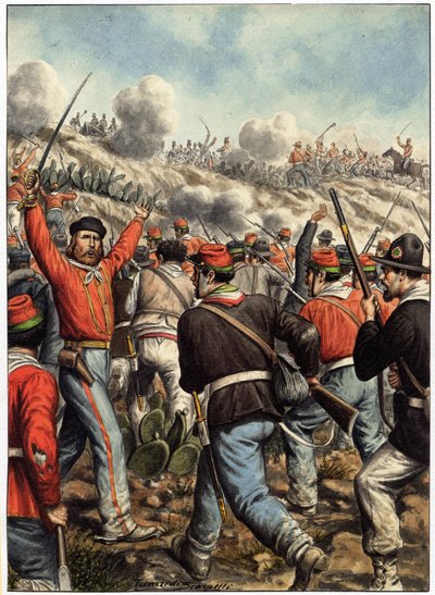 Risorgimento: przedstawienie Giuseppe Garibaldiego (1807-1882) podczas bitwy - okładka "Garibaldi, Cronistoria illustrata dell