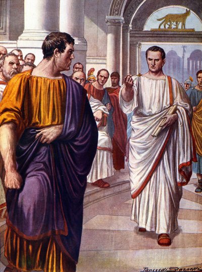 Rzymski mąż stanu Cyceron (Marcus Tullius Cicero) (106-43 p.n.e.) krzyżuje się ze spiskowcem Katyliną (Lucjusz Sergiusz Katylina) (108-62 p.n.e.), którą demaskuje w 63 p.n.e. podczas przemówień katylinarzy. Ilustracja Tancredi Scarpelli (1866-1937) autorstwa Tancredi Scarpelli