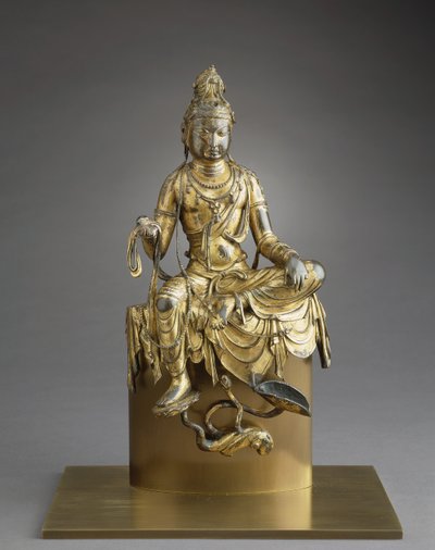 Bodhisattwa Awalokiteśwara w pozycji siedzącej, VIII wiek (brąz ze złoceniami) autorstwa Tang Dynasty Chinese School