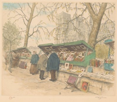 Stoiska z książkami na Quai de Montebello, w tle Notre-Dame autorstwa Tavík František Šimon (signed by artist)