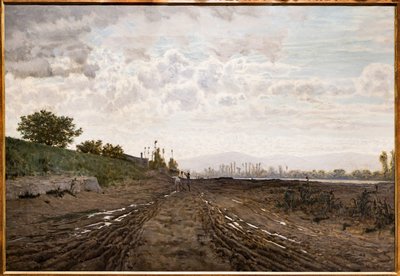 Poranek nad rzeką Arno. Kopaczki piasku wzdłuż Arno, ok. 1868 (olej na płótnie) autorstwa Telemaco Signorini
