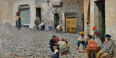 Żeglarze w Riomaggiore, ok. 1892-93 (olej na płótnie) autorstwa Telemaco Signorini
