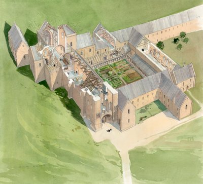 Widok z lotu ptaka na opactwo Lilleshall, około końca XV wieku, ok. 1990-2010 autorstwa Terry Ball