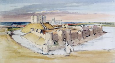 Ilustracja zamku York w hrabstwie North Yorkshire, tak jak mogło być pod koniec XIII wieku, 1985 r. autorstwa Terry Ball