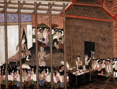 Tłum ogląda przedstawienie teatralne (malowanie ścian) autorstwa Thai School