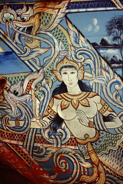 Zdobiona łódź w południowej Tajlandii (malowane drewno) autorstwa Thai School