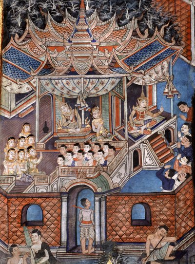 Detal murali z Viharn laikam przedstawiających Opowieści Sang Thong (mural) autorstwa Thai School