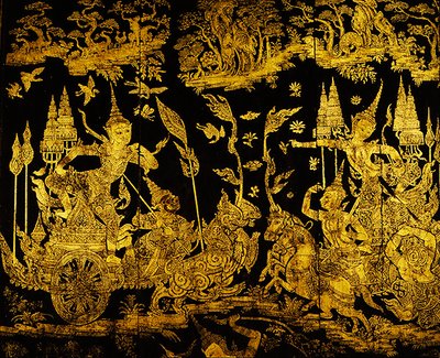 Odcinek z Ramakien, fragment ekranu (złoto i lakier) autorstwa Thai School