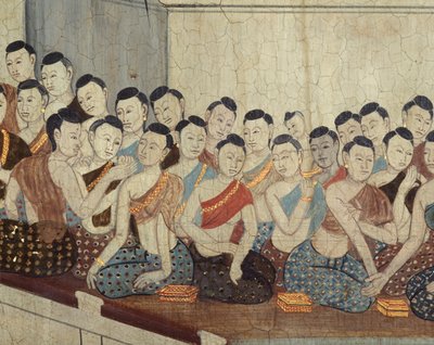 Grupa kobiet o strojach i przyciętych włosach typowych dla IV panowania (malarstwo ścienne) autorstwa Thai School