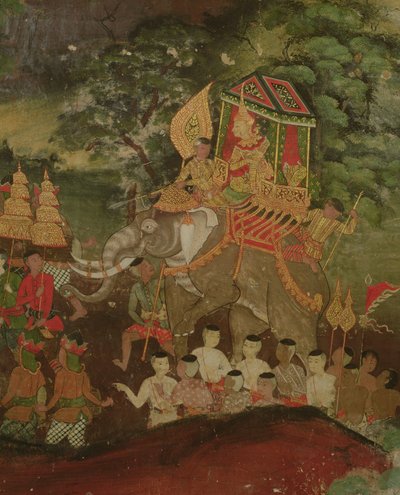 Król Sanjaya na słoniu, Wat Suwannaram, Dhonburi, 1831 autorstwa Thai School