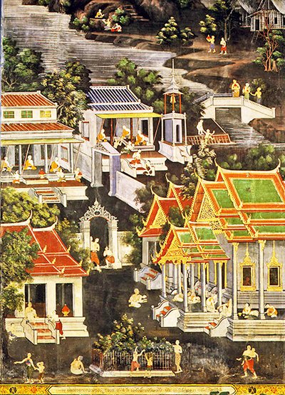 Życie mnichów, Wirharn Sasada, Wat Bowonniwet Vihara, Bangkok (fresk) autorstwa Thai School
