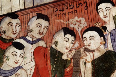 Miłośnicy palenia, fragment muralu w Wat Phumin (fresk) autorstwa Thai School