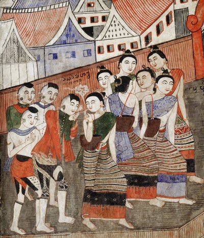 Miłośnicy palenia, fragment muralu w Wat Phumin (fresk) autorstwa Thai School