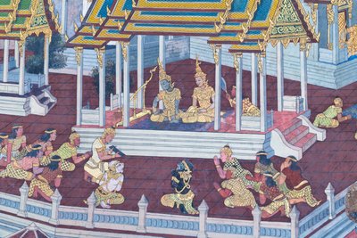 Malowidło ścienne przedstawiające sceny z Ramajany w Wat Phra Kaeo, Wielkim Pałacu Królewskim, Bangkok, Tajlandia autorstwa Thai School