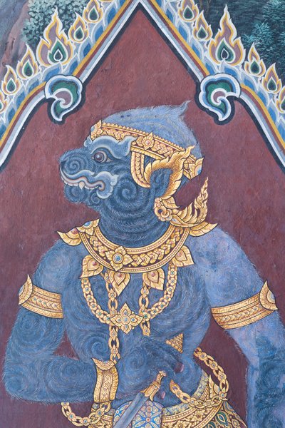 Malowidło ścienne przedstawiające sceny z Ramajany w Wat Phra Kaeo, Wielkim Pałacu Królewskim, Bangkok, Tajlandia autorstwa Thai School