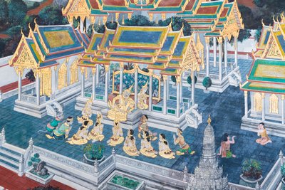 Malowidło ścienne przedstawiające sceny z Ramajany w Wat Phra Kaeo, Wielkim Pałacu Królewskim, Bangkok, Tajlandia autorstwa Thai School