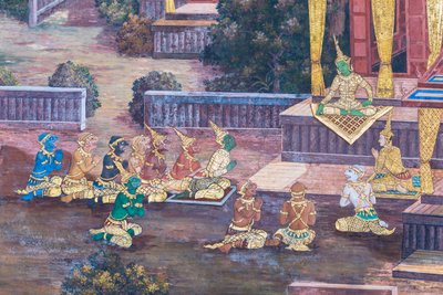 Malowidło ścienne przedstawiające sceny z Ramajany w Wat Phra Kaeo, Wielkim Pałacu Królewskim, Bangkok, Tajlandia autorstwa Thai School