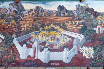 Malowidło ścienne przedstawiające sceny z Ramajany w Wat Phra Kaeo, Wielkim Pałacu Królewskim, Bangkok, Tajlandia autorstwa Thai School