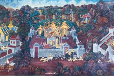 Malowidło ścienne przedstawiające sceny z Ramajany w Wat Phra Kaeo, Wielkim Pałacu Królewskim, Bangkok, Tajlandia autorstwa Thai School