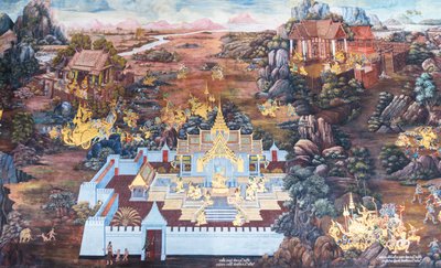 Malowidło ścienne przedstawiające sceny z Ramajany w Wat Phra Kaeo, Wielkim Pałacu Królewskim, Bangkok, Tajlandia autorstwa Thai School