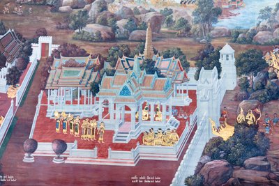 Malowidło ścienne przedstawiające sceny z Ramajany w Wat Phra Kaeo, Wielkim Pałacu Królewskim, Bangkok, Tajlandia autorstwa Thai School