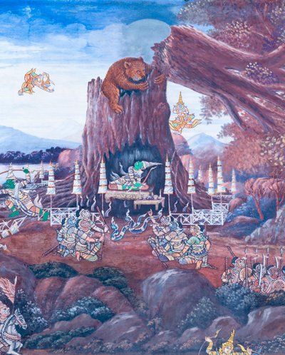Malowidło ścienne przedstawiające sceny z Ramajany w Wat Phra Kaeo, Wielkim Pałacu Królewskim, Bangkok, Tajlandia autorstwa Thai School