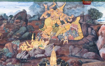 Malowidło ścienne przedstawiające sceny z Ramajany w Wat Phra Kaeo, Wielkim Pałacu Królewskim, Bangkok, Tajlandia autorstwa Thai School