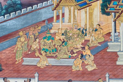 Malowidło ścienne przedstawiające sceny z Ramajany w Wat Phra Kaeo, Wielkim Pałacu Królewskim, Bangkok, Tajlandia autorstwa Thai School