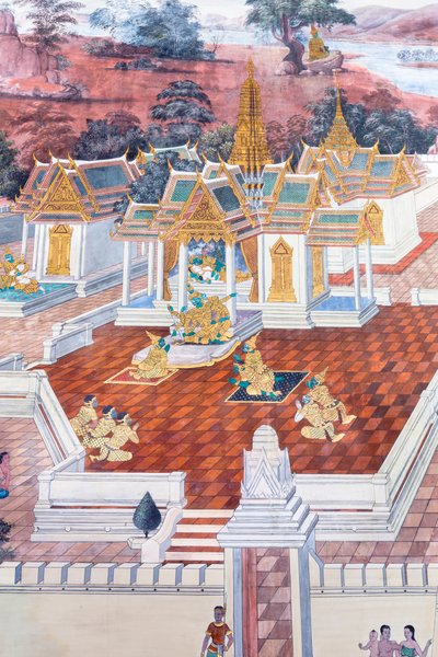 Malowidło ścienne przedstawiające sceny z Ramajany w Wat Phra Kaeo, Wielkim Pałacu Królewskim, Bangkok, Tajlandia autorstwa Thai School