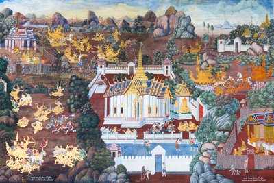 Malowidło ścienne przedstawiające sceny z Ramajany w Wat Phra Kaeo, Wielkim Pałacu Królewskim, Bangkok, Tajlandia autorstwa Thai School