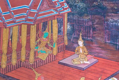 Malowidło ścienne przedstawiające sceny z Ramajany w Wat Phra Kaeo, Wielkim Pałacu Królewskim, Bangkok, Tajlandia autorstwa Thai School
