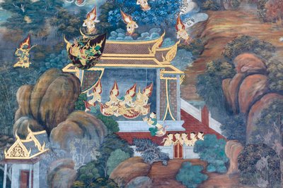 Malowidło ścienne przedstawiające sceny z Ramajany w Wat Phra Kaeo, Wielkim Pałacu Królewskim, Bangkok, Tajlandia autorstwa Thai School
