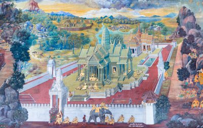 Malowidło ścienne przedstawiające sceny z Ramajany w Wat Phra Kaeo, Wielkim Pałacu Królewskim, Bangkok, Tajlandia autorstwa Thai School