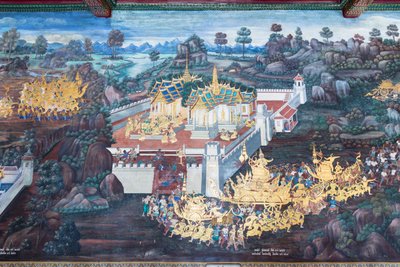 Malowidło ścienne przedstawiające sceny z Ramajany w Wat Phra Kaeo, Wielkim Pałacu Królewskim, Bangkok, Tajlandia autorstwa Thai School