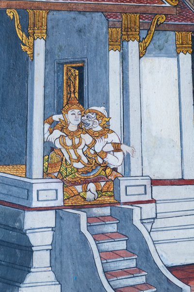 Malowidło ścienne przedstawiające sceny z Ramajany w Wat Phra Kaeo, Wielkim Pałacu Królewskim, Bangkok, Tajlandia autorstwa Thai School