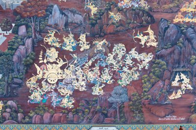 Malowidło ścienne przedstawiające sceny z Ramajany w Wat Phra Kaeo, Wielkim Pałacu Królewskim, Bangkok, Tajlandia autorstwa Thai School
