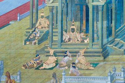 Malowidło ścienne przedstawiające sceny z Ramajany w Wat Phra Kaeo, Wielkim Pałacu Królewskim, Bangkok, Tajlandia autorstwa Thai School