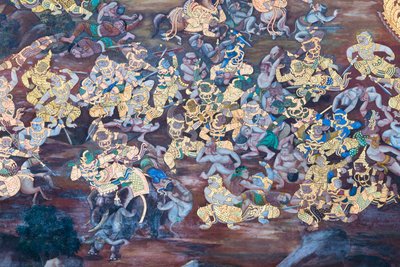 Malowidło ścienne przedstawiające sceny z Ramajany w Wat Phra Kaeo, Wielkim Pałacu Królewskim, Bangkok, Tajlandia autorstwa Thai School
