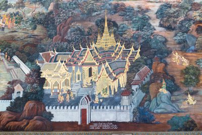 Malowidło ścienne przedstawiające sceny z Ramajany w Wat Phra Kaeo, Wielkim Pałacu Królewskim, Bangkok, Tajlandia autorstwa Thai School