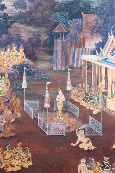 Malowidło ścienne przedstawiające sceny z Ramajany w Wat Phra Kaeo, Wielkim Pałacu Królewskim, Bangkok, Tajlandia autorstwa Thai School