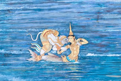 Malowidło ścienne przedstawiające sceny z Ramajany w Wat Phra Kaeo, Wielkim Pałacu Królewskim, Bangkok, Tajlandia autorstwa Thai School