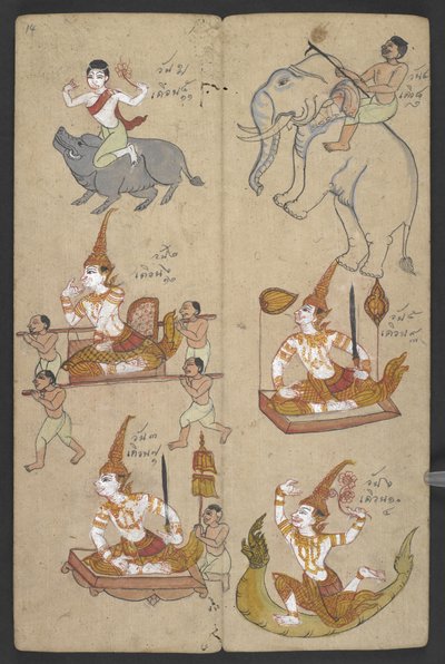 Lub 16455 f.14r, Zwierzęta z Zodiaku, z Phrommachat (pergamin) autorstwa Thai School