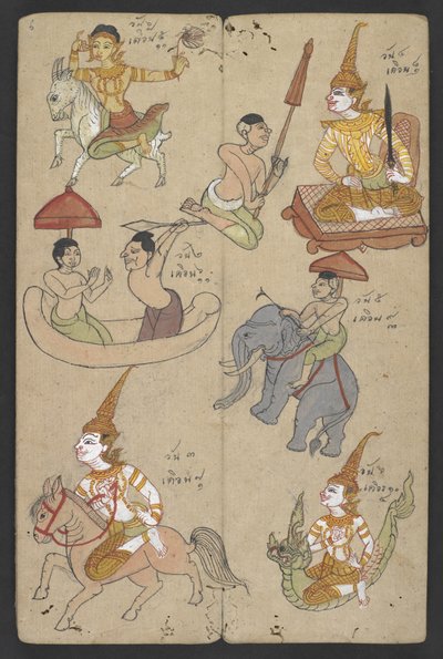 Lub 16455 f.6r, Zwierzęta z Zodiaku, z Phrommachat (pergamin) autorstwa Thai School