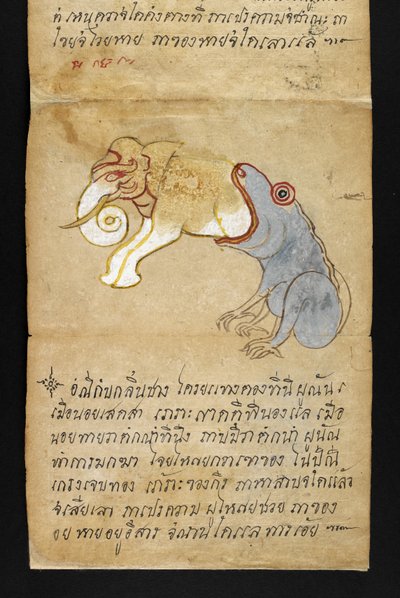 Lub. 16482, f.12 Żaba zjadająca słonia, z „Satry” O wróżbiarstwie i radach dla szczęśliwego i zdrowego życia (książka składana na papierze) autorstwa Thai School
