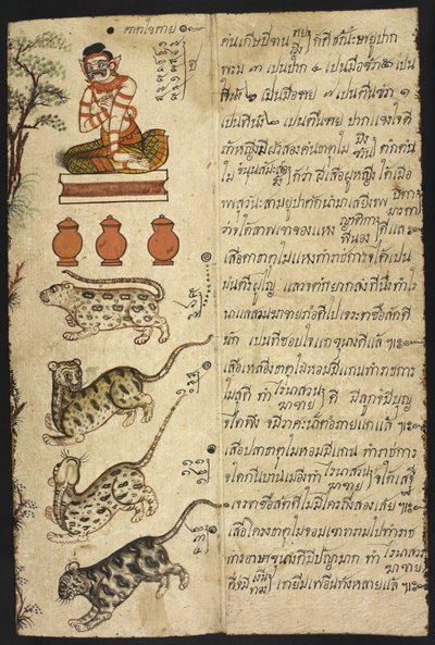 Lub 4830 „Tajski podręcznik wróżbiarstwa (Phrommachat), zawierający horoskopy oparte na chińskim zodiaku” (tusz i kolor na papierze) autorstwa Thai School