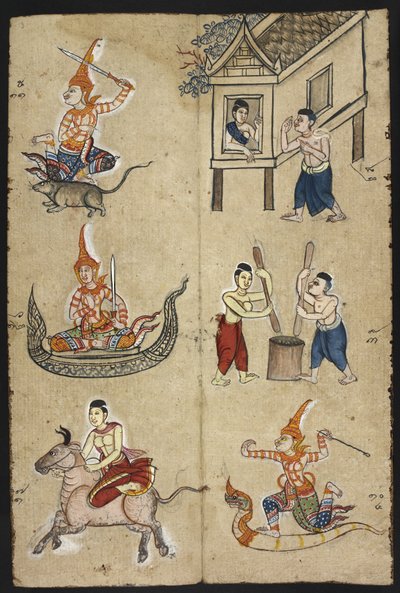 Lub 4830 „Tajski podręcznik wróżbiarstwa (Phrommachat), zawierający horoskopy oparte na chińskim zodiaku” (tusz i kolor na papierze) autorstwa Thai School