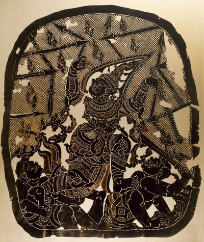 Scena z teatru cieni Nang Yai przedstawiająca Virunjambang, generała armii Dasakantha, rzeźbiony skórzany panel, Tajlandia, Tajska Cywilizacja autorstwa Thai School