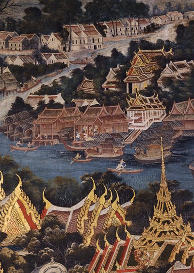 Widok na Pałac Królewski w Bangkoku, rzekę Menam i Tonburi, ukazujące drewniane tajskie domy oraz chińskie domy z cegły i stiuku, 1864 (malowanie ścian) autorstwa Thai School