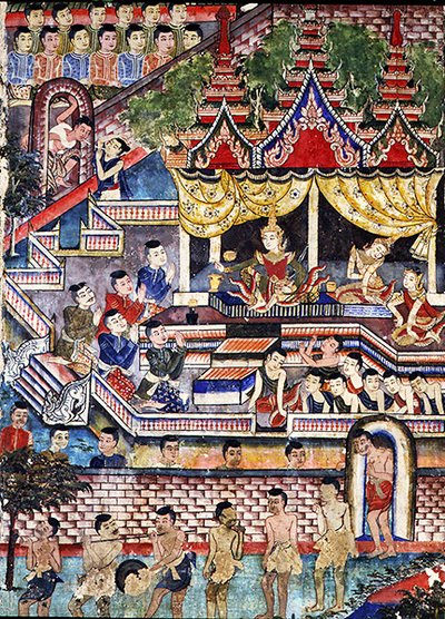 Wiharn Laikarn, odcinek z Jataka Sang Thong (fresk) autorstwa Thai School