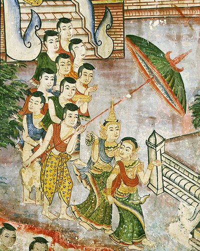 Wiharn Laikarn, odcinek z Jataka Sang Thong (fresk) autorstwa Thai School